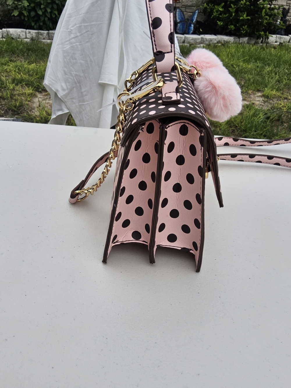 NWT- Betsey Johnson Pink & Brown Polka Dot Top-Handle Satchel with Pink Pom - Picture 3 of 6